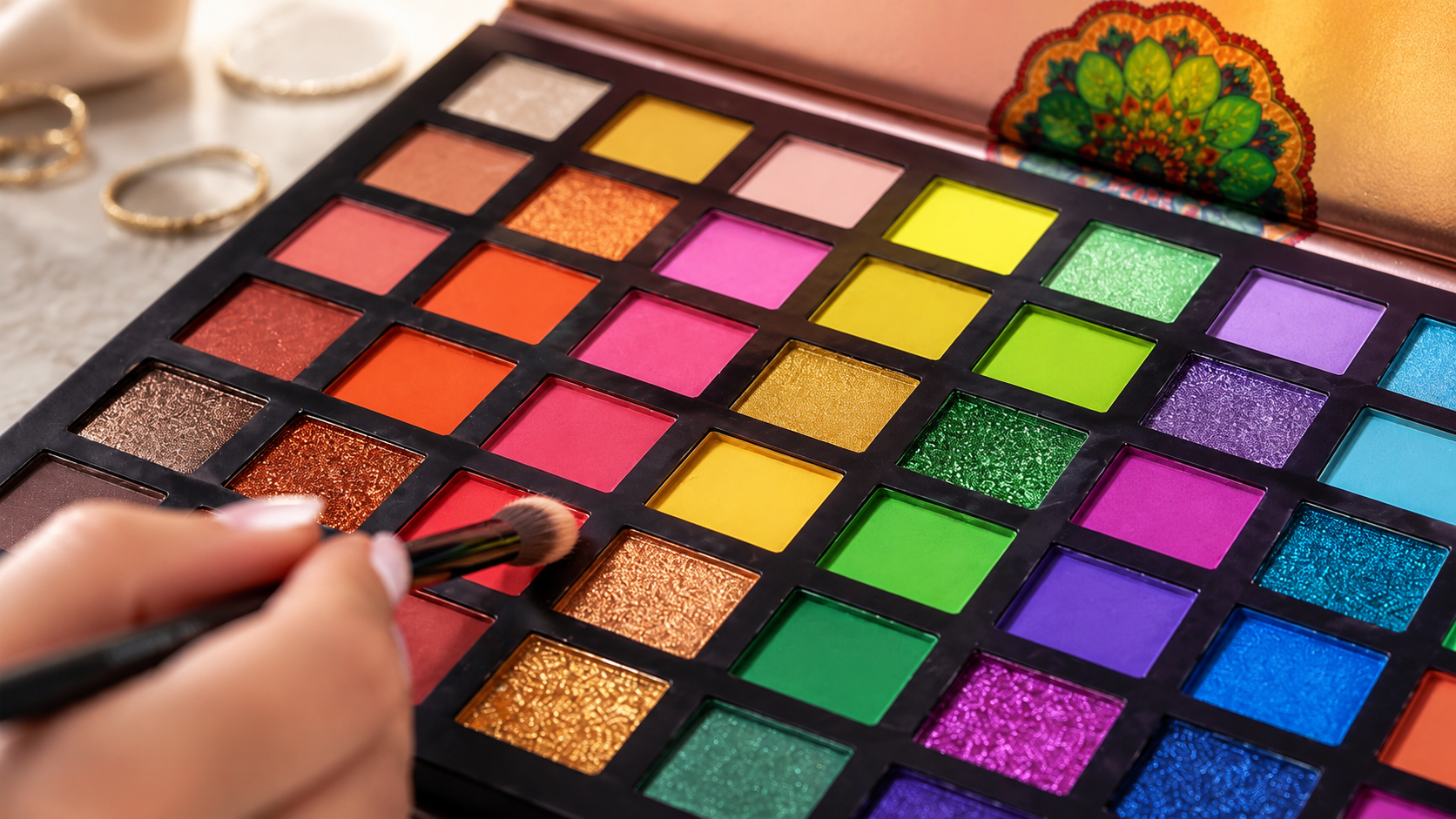 UCANBE Exotic Flavors Eyeshadow Palette Close-up of matte, shimmer and glitter pans in the UCANBE palette