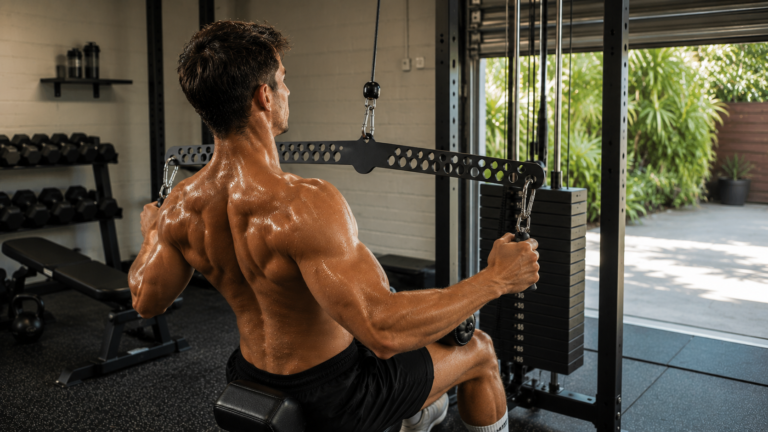 Home garage gym setup using the Multi-Grip LAT Pull Down Bar on a cable machine