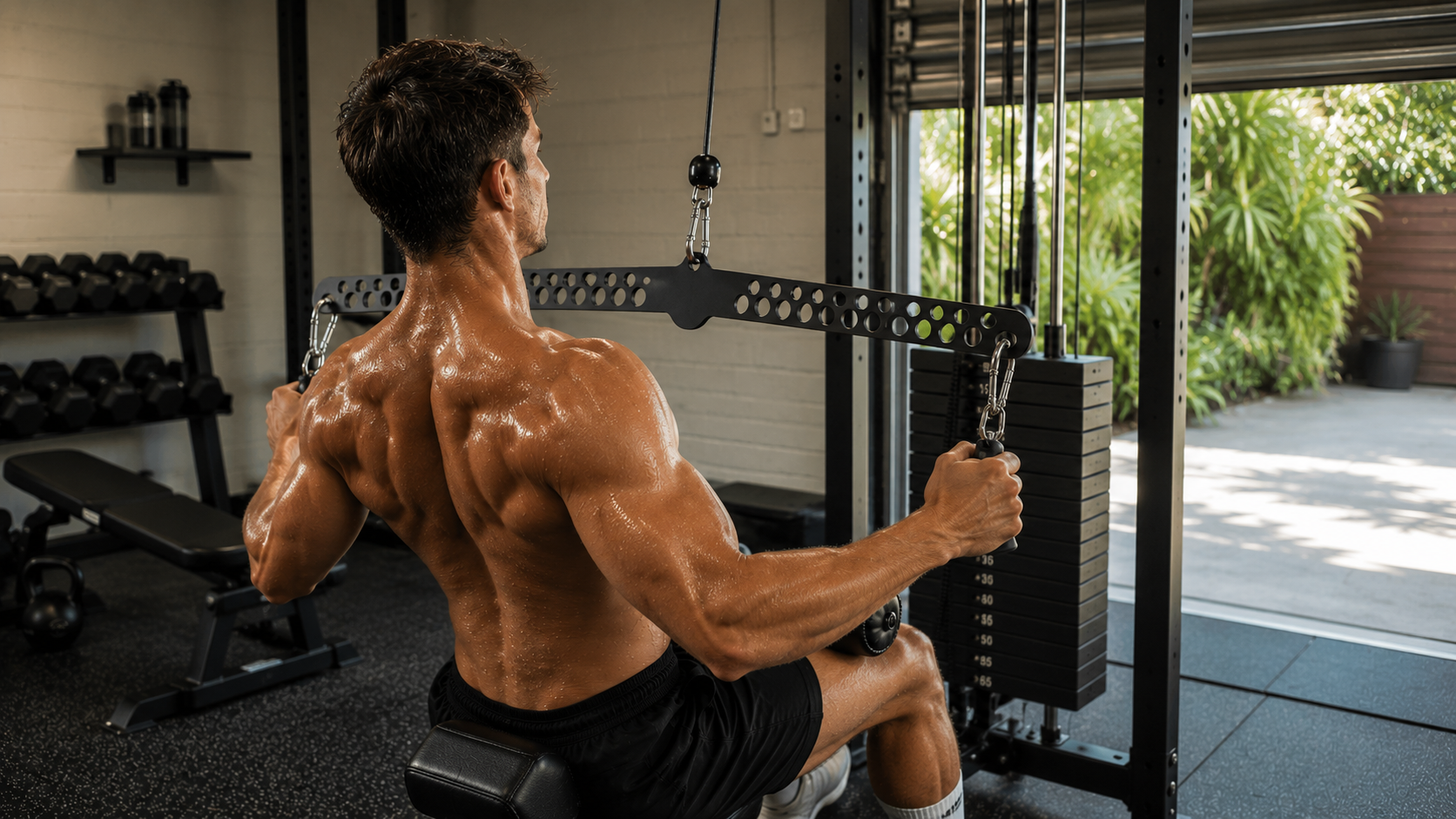 Multi-Grip LAT Pull Down Bar Review Home garage gym setup using the Multi-Grip LAT Pull Down Bar on a cable machine