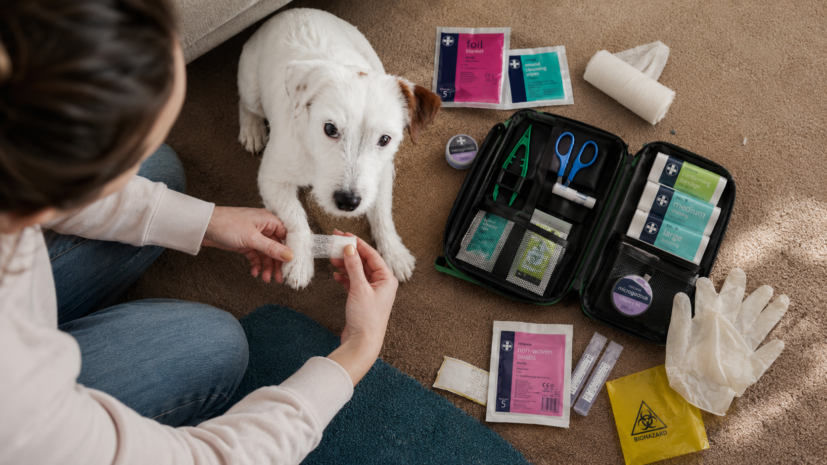 Reliance Medical Pet First Aid Kit Review Pet owner using the Reliance Medica