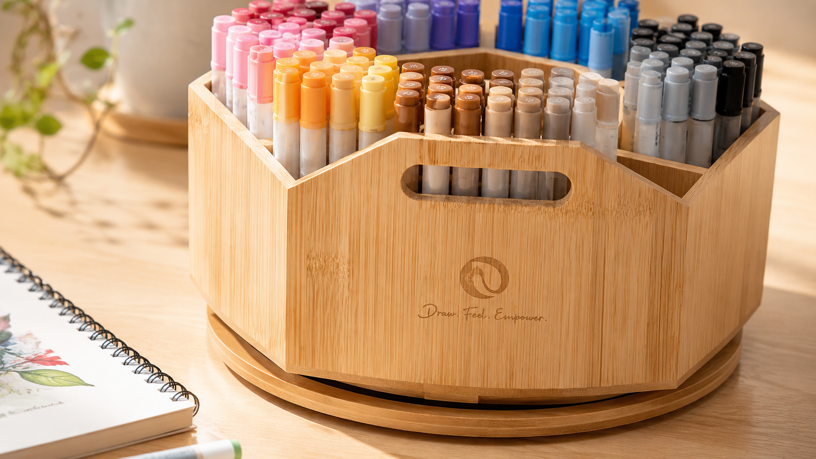 Ohuhu Rotating Marker Organizer Review Close-up of bamboo texture and marker compartment on the Ohuhu Rotating Marker Organizer