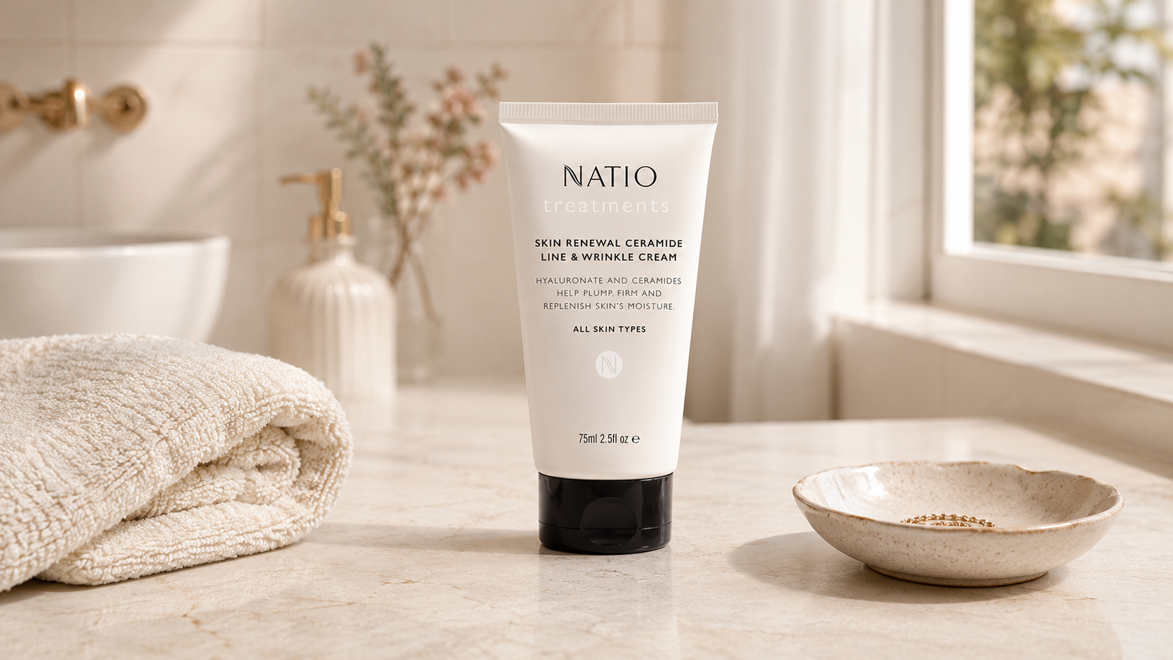 Natio Ceramide Line and Wrinkle Cream Review Skin Renewal Ceramide Line and Wrinkle Cream on a modern bathroom vanity
