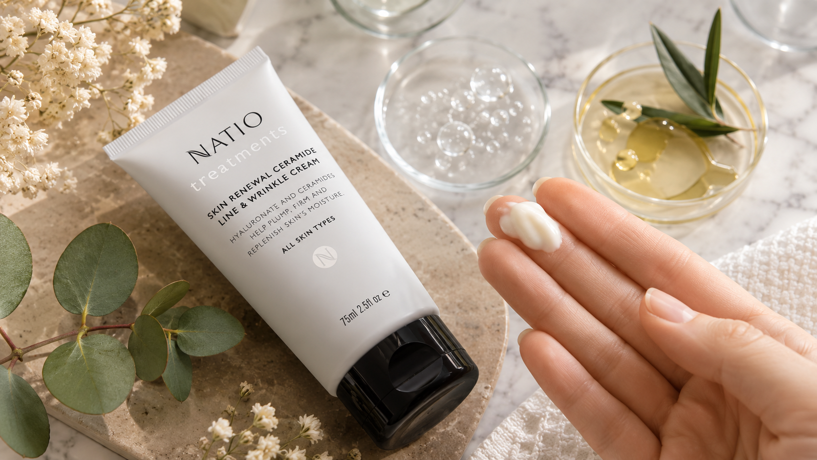 Natio Ceramide Line and Wrinkle Cream Review Close-up of Natio Ceramide Line and Wrinkle Cream texture and packaging
