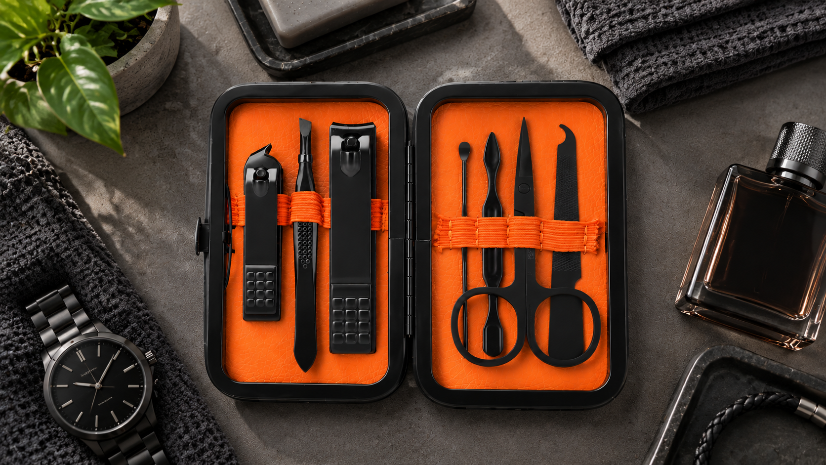 Open Fenlebeneil Manicure Set with orange lining and seven black tools on a vanity