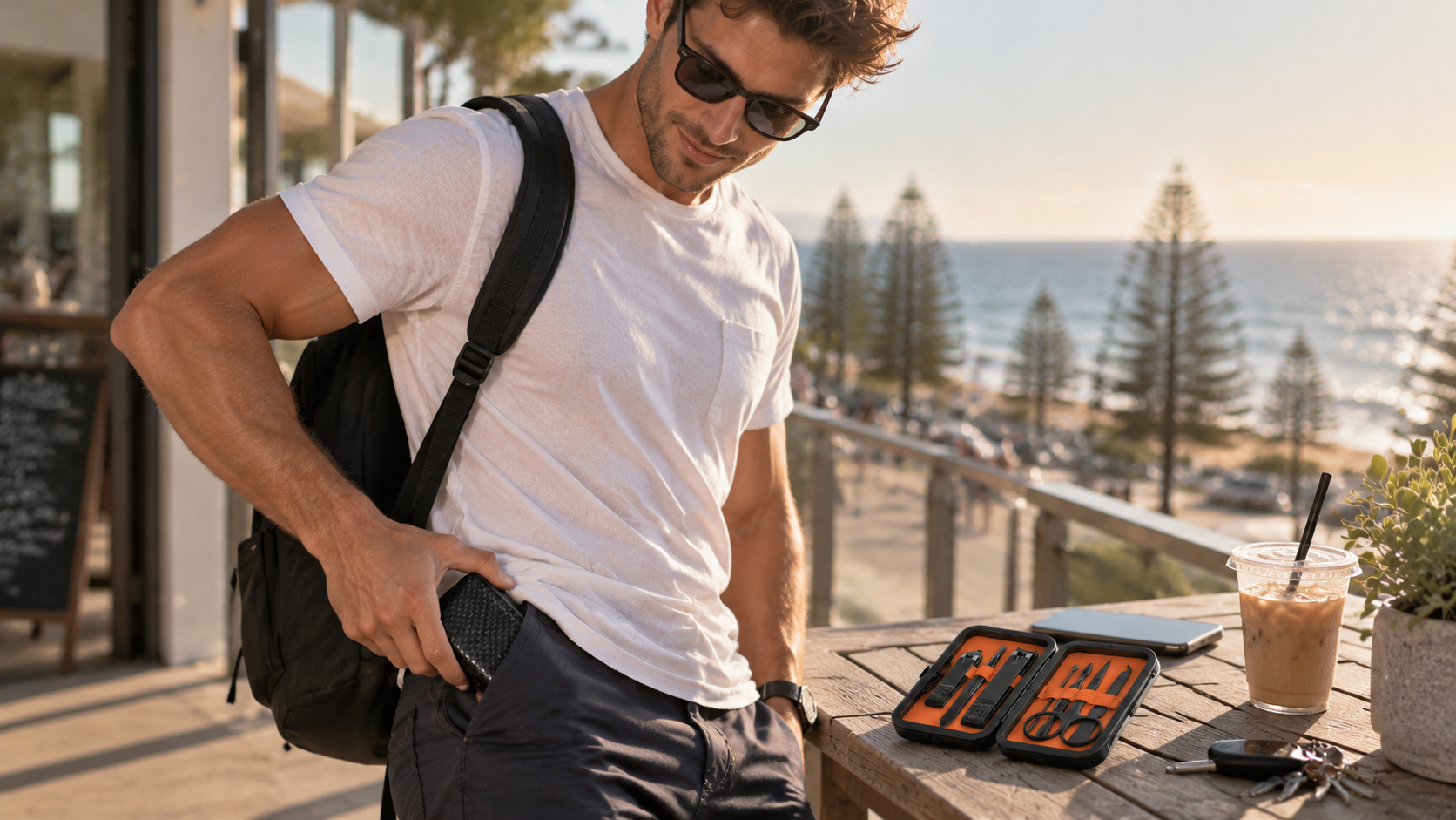 Fenlebeneil Manicure Set Review Young man slipping a black textured manicure case into his pocket on a balcony
