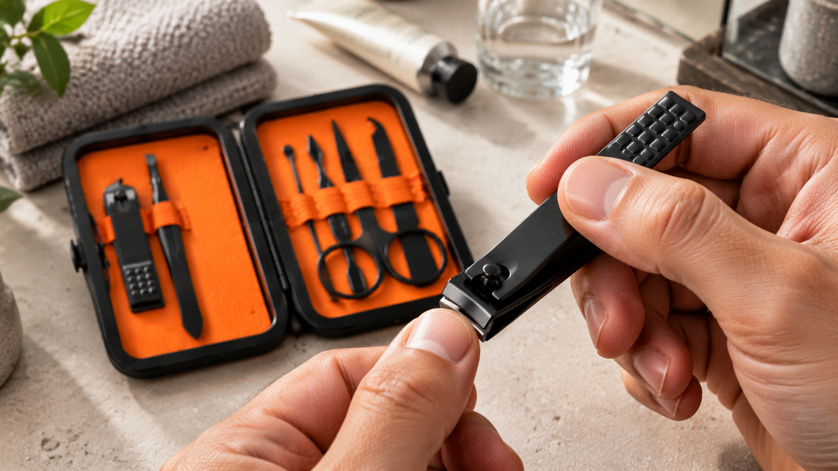 Fenlebeneil Manicure Set Review Close-up of a black stainless steel nail clipper trimming a fingernail