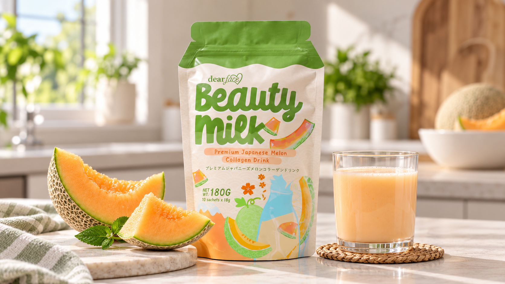 Dear Face Beauty Milk Melon Collagen Drink pouch on a kitchen bench