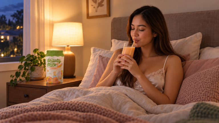Dear Face Beauty Milk Melon Collagen Drink Woman drinking Beauty Milk collagen drink in bed