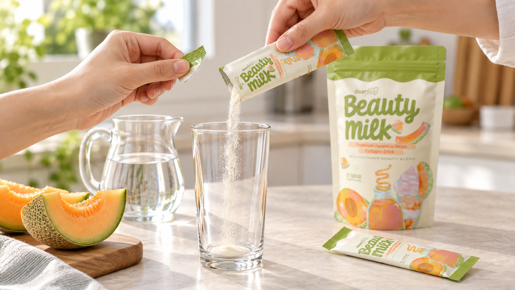 Hand opening a Beauty Milk sachet above a glass