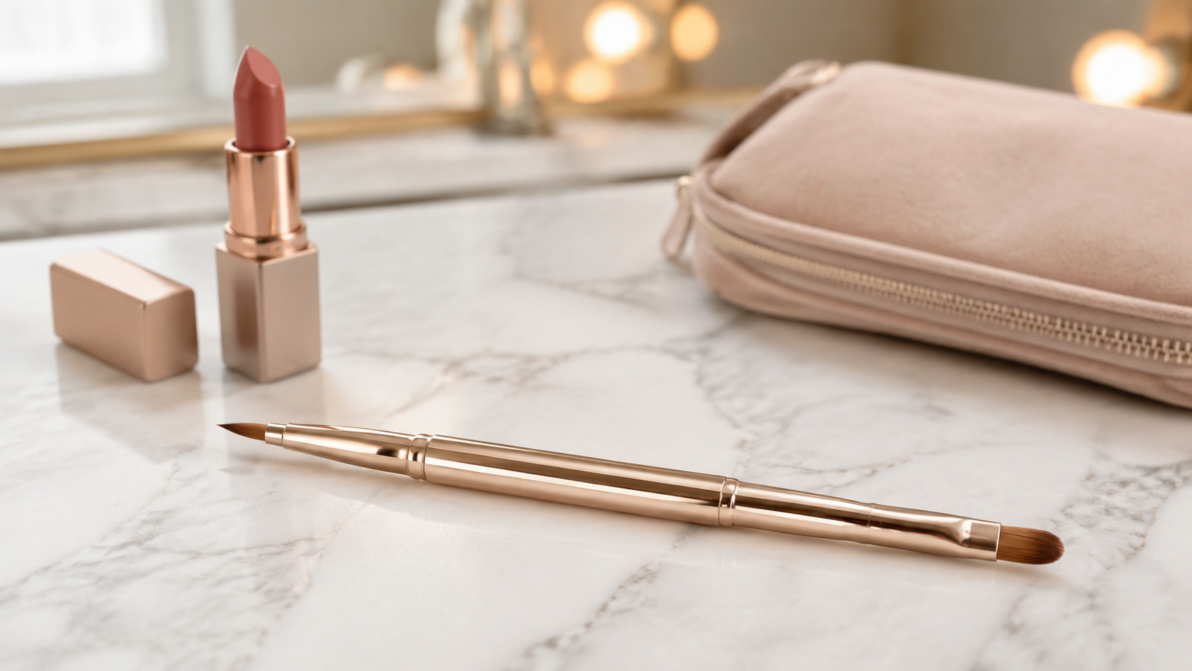 Liasun Professional Lip Brush Applicators Retractable Liasun lip brush applicator beside lipstick on a vanity