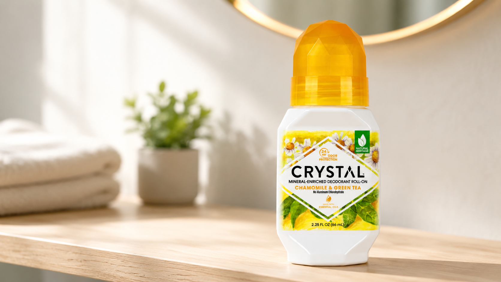 Crystal Essence Mineral Deodorant Roll-on Crystal Essence Mineral Deodorant Roll-on on a bathroom shelf