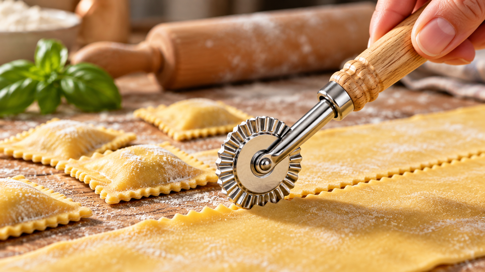 Close-up of a Ladiz zinc alloy fluted wheel cutting a zig-zag edge into pasta dough