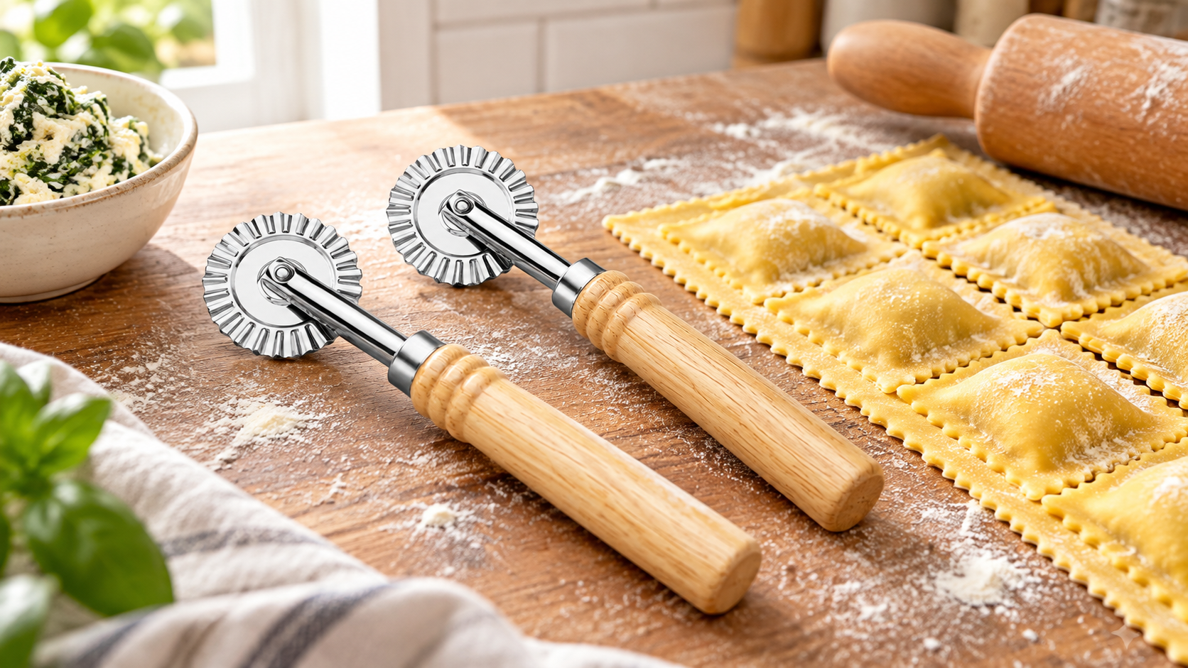 Two Ladiz fluted pastry wheel cutters with wooden handles on a floured benchtop beside fresh ravioli
